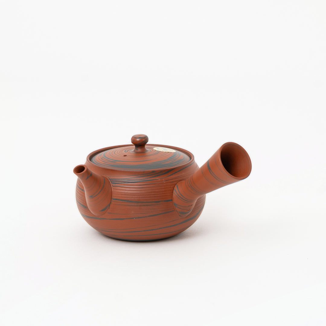 Japanese kōtai marbled clay kyusu teapot with red and gray striped body, 300 mL