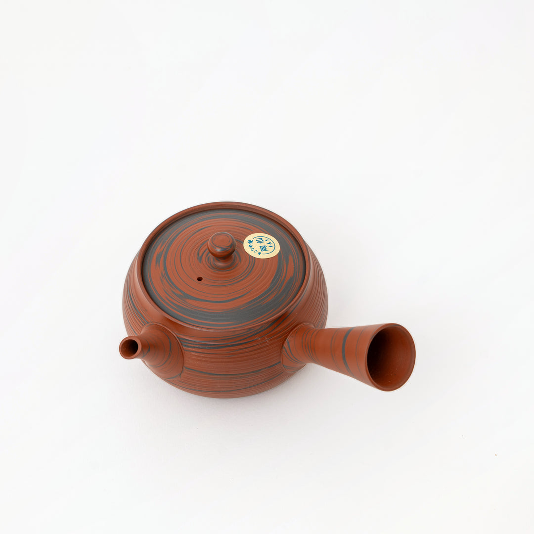 Red and gray striped kyusu teapot with side handle and lid