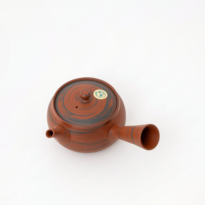 Red and gray striped kyusu teapot with side handle and lid