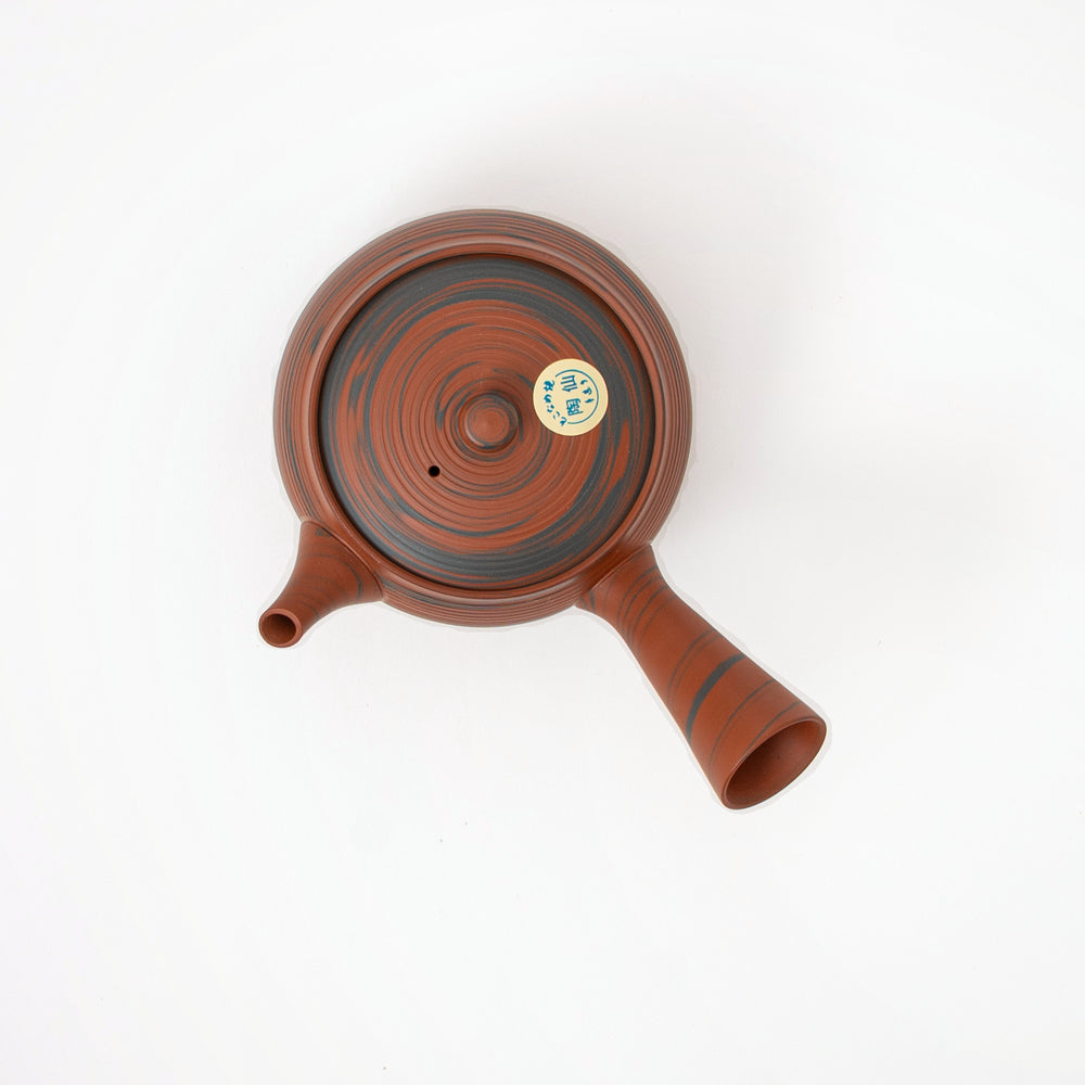 Red clay and gray striped Japanese side-handle kyusu teapot, product view