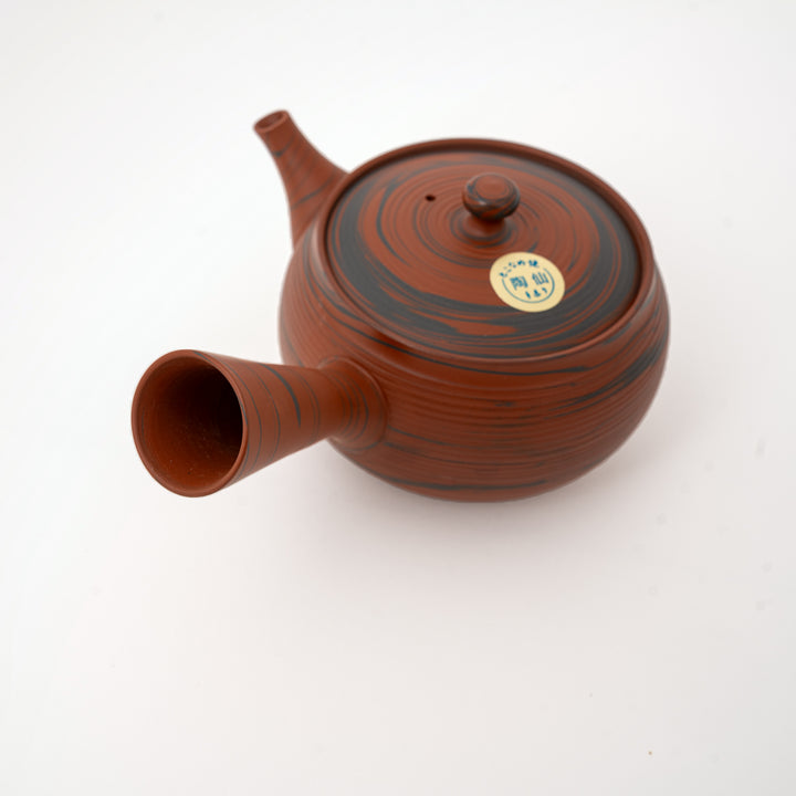 Traditional Japanese marbled clay side-handle tea pot, detail view