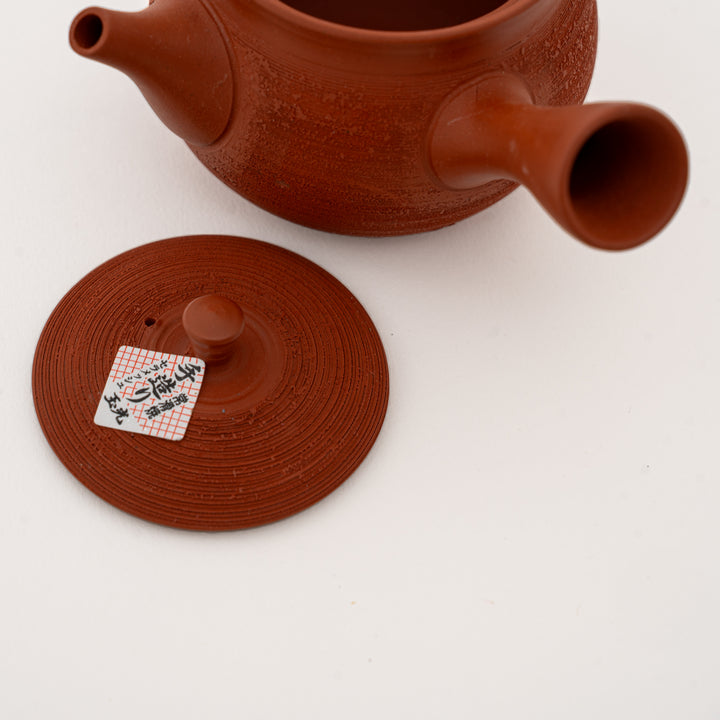 Pine-bark texture on red clay Japanese kyusu teapot, additional view