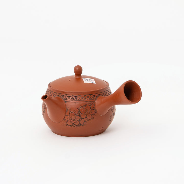 Japanese shudei red clay floral side-handle kyusu teapot by Gyokko Kiln, 350 mL