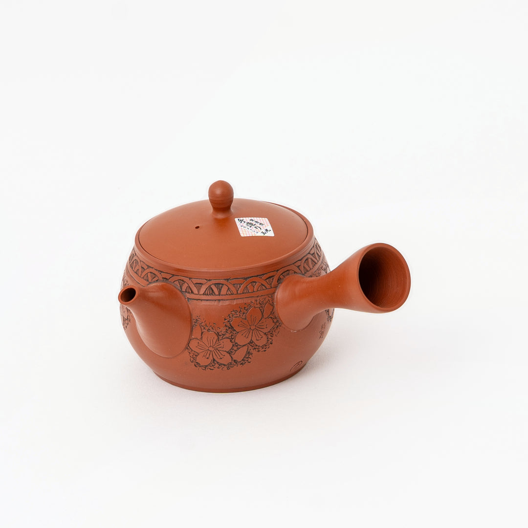 Gyokko Kiln Japanese red clay kyusu teapot with floral motif, product view