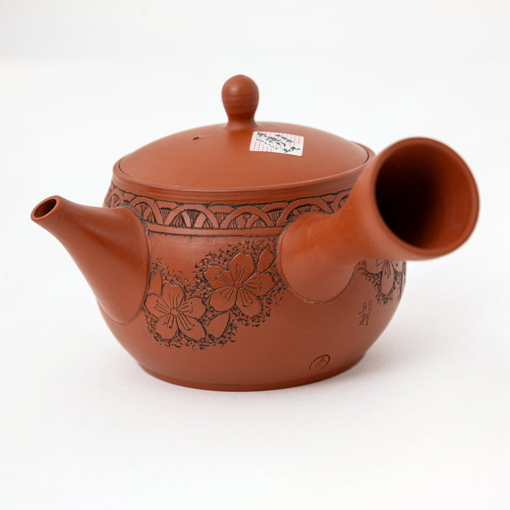 Shudei pottery kyusu teapot with side handle and floral decoration, Japan