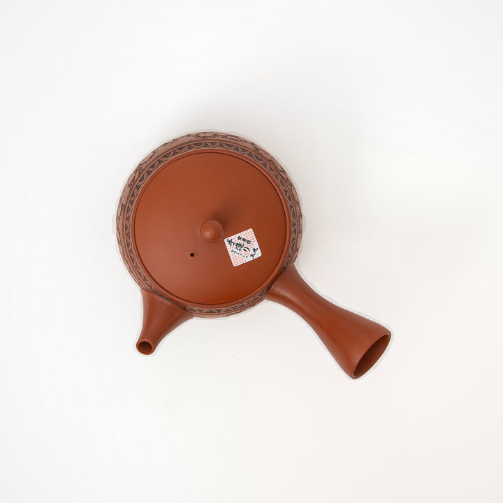 Red clay pottery kyusu teapot with side handle and flower pattern