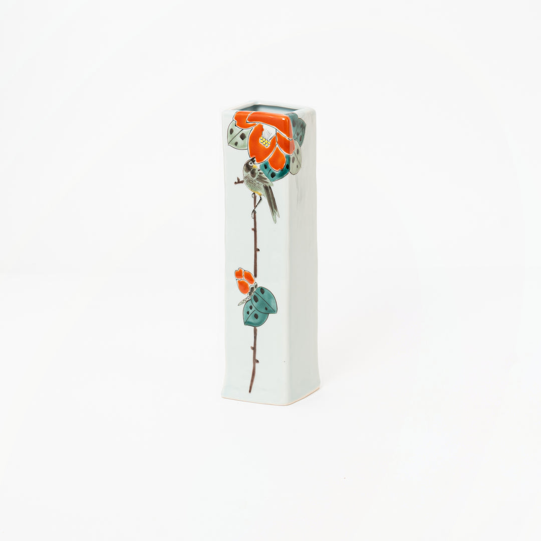 Japanese Kutani porcelain vase with tsubaki camellia flowers and bird, by Fukuda Yoshinori