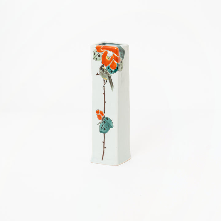 Japanese Kutani porcelain vase with tsubaki camellia flowers and bird, by Fukuda Yoshinori