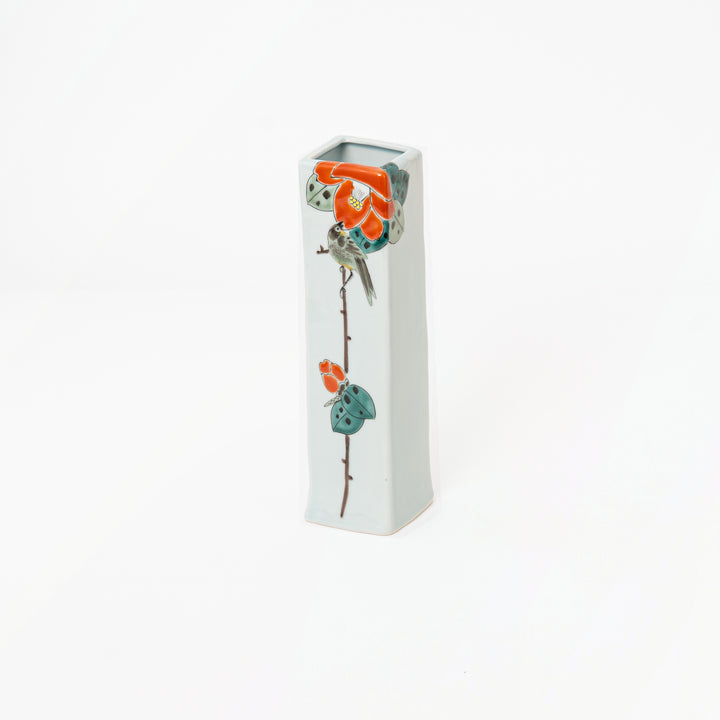 Japanese porcelain column vase decorated with camellia flowers and bird