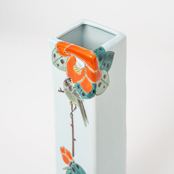 Floral painting detail on Fukuda Yoshinori Kutani ware tsubaki vase