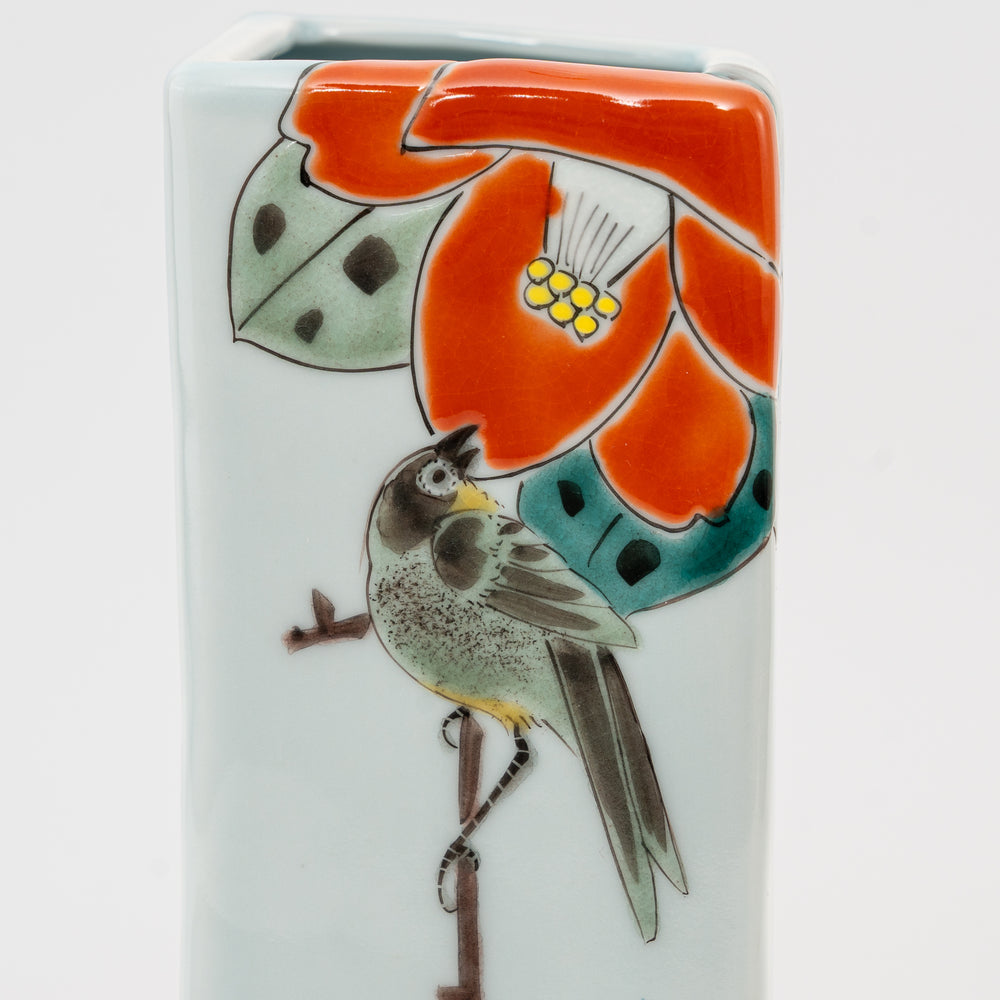 Tsubaki camellia and bird motif on a Fukuda Yoshinori Kutani ware porcelain vase