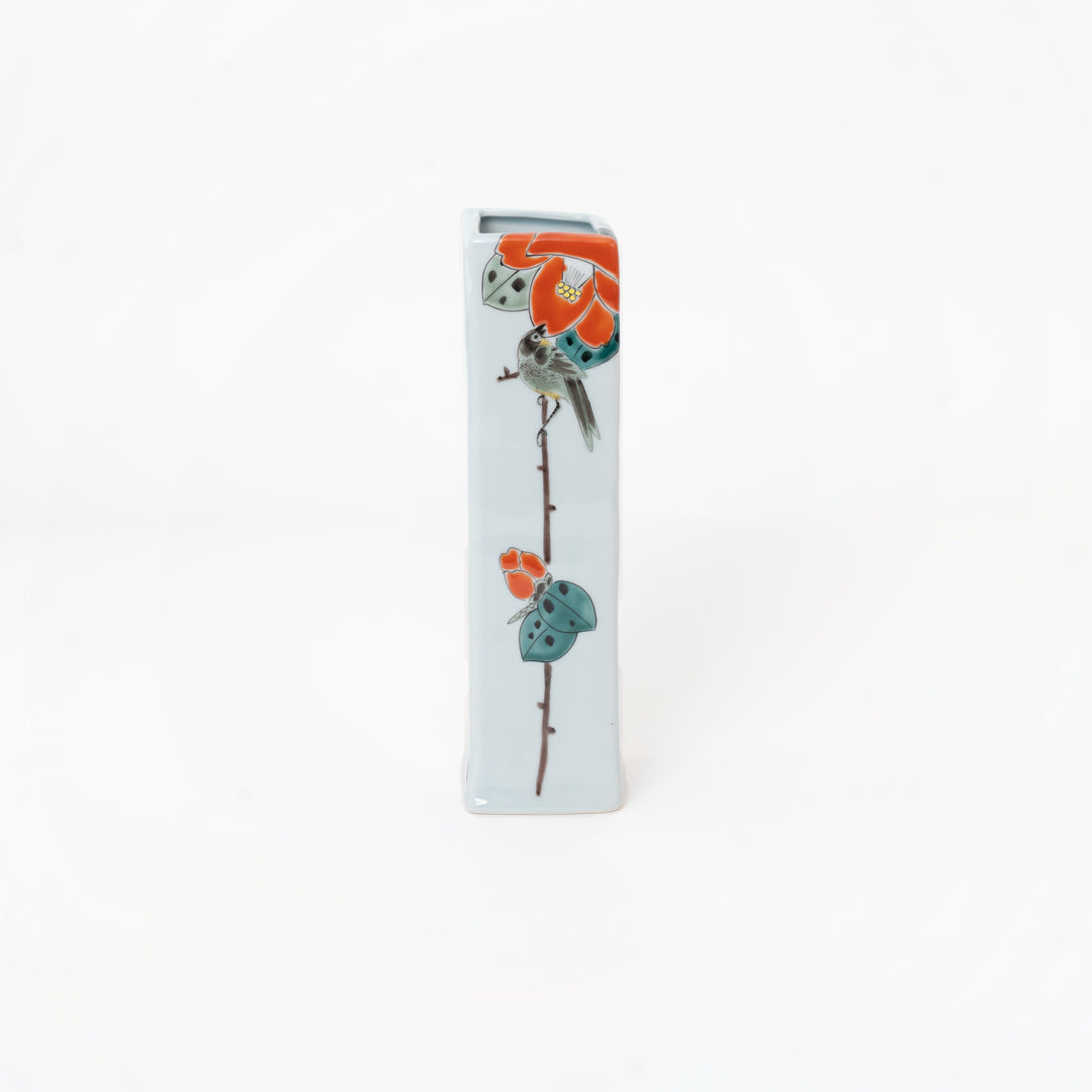 Fukuda Yoshinori Japanese Kutani ware bird and tsubaki flower vase
