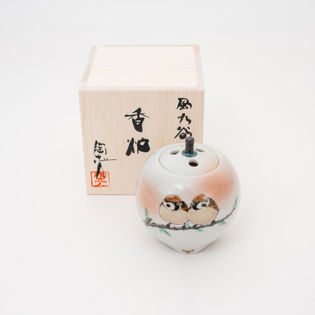 Handmade Kutani Incense Burner Twin Sparrows by Nakamura Toshihito