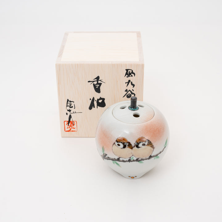 Handmade Kutani Incense Burner Twin Sparrows by Nakamura Toshito