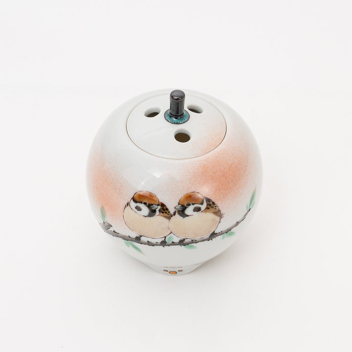 Handmade Kutani Incense Burner Twin Sparrows by Nakamura Toshihito