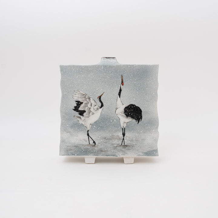 Handcrafted Kutani Vase with Dancing Cranes in Snow | Nakamura Toshito