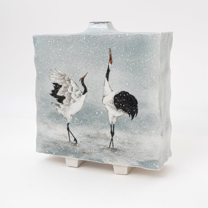 Handcrafted Kutani Vase with Dancing Cranes in Snow | Nakamura Toshito