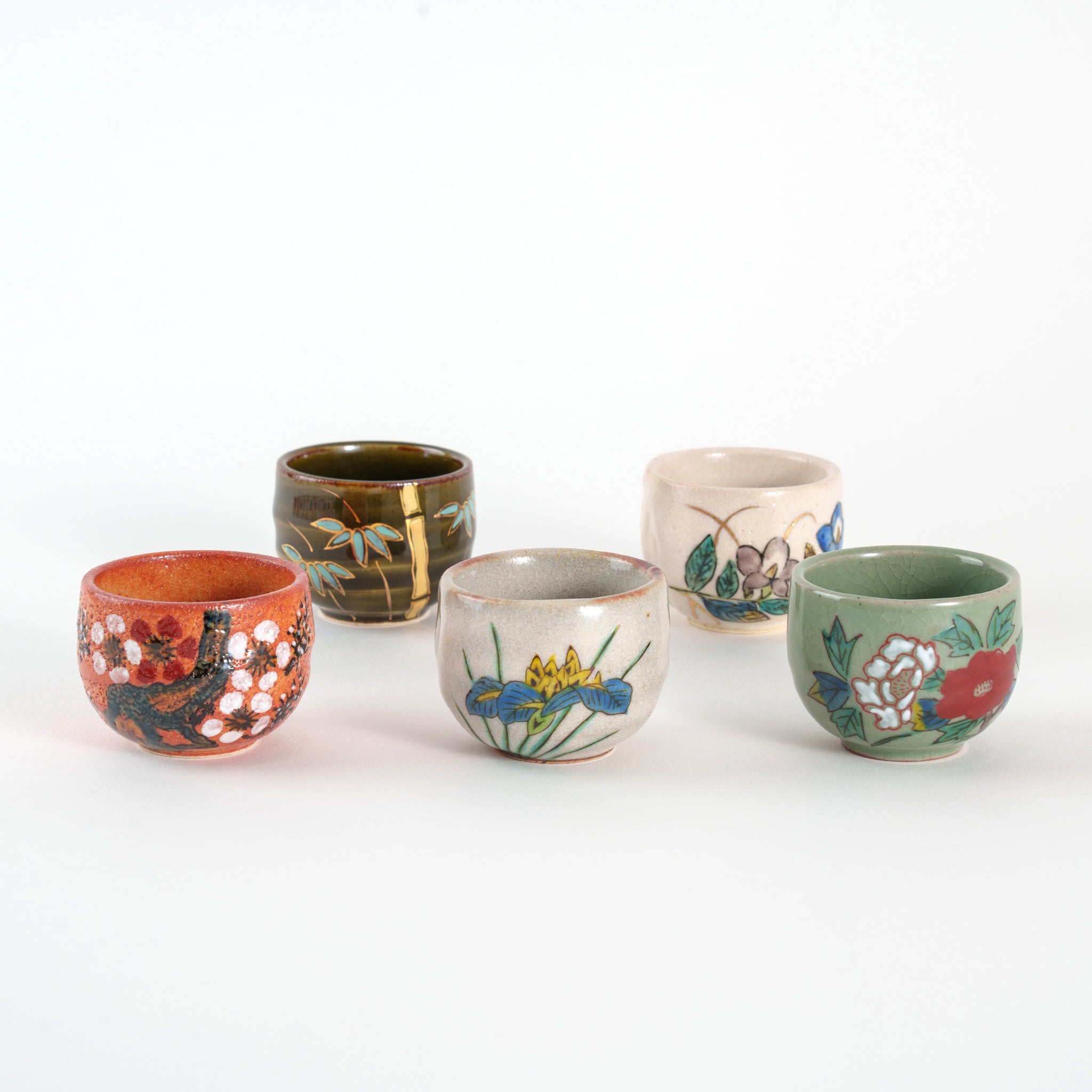 Kutani Yaki Handpainted Five Flowers Sake Cup Set of 5