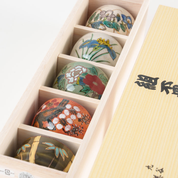Kutani Yaki Handpainted Five Flowers Kutani Ochoko Sake Cup Set of 5