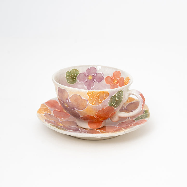 Handcrafted Floral Coffee Cup and Saucer Gift Set | Red