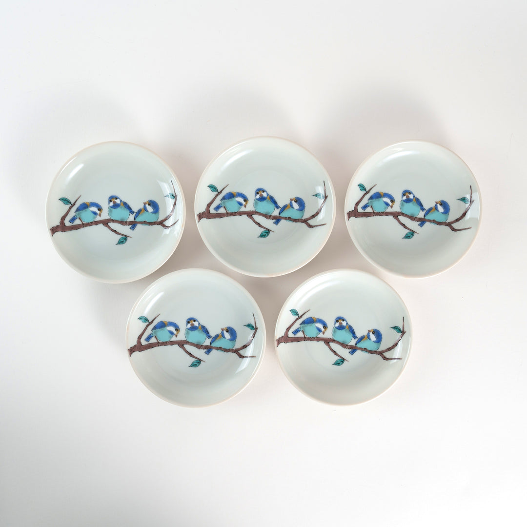 Kutani Ware Seikou Kiln - Set of Five Small Plates with Sparrows - Blue and White Porcelain