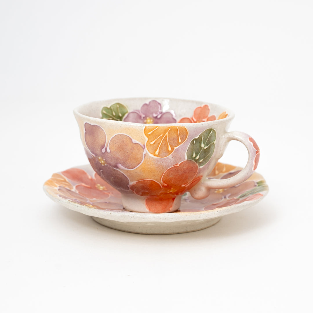 Handcrafted Floral Coffee Cup and Saucer Gift Set | Red