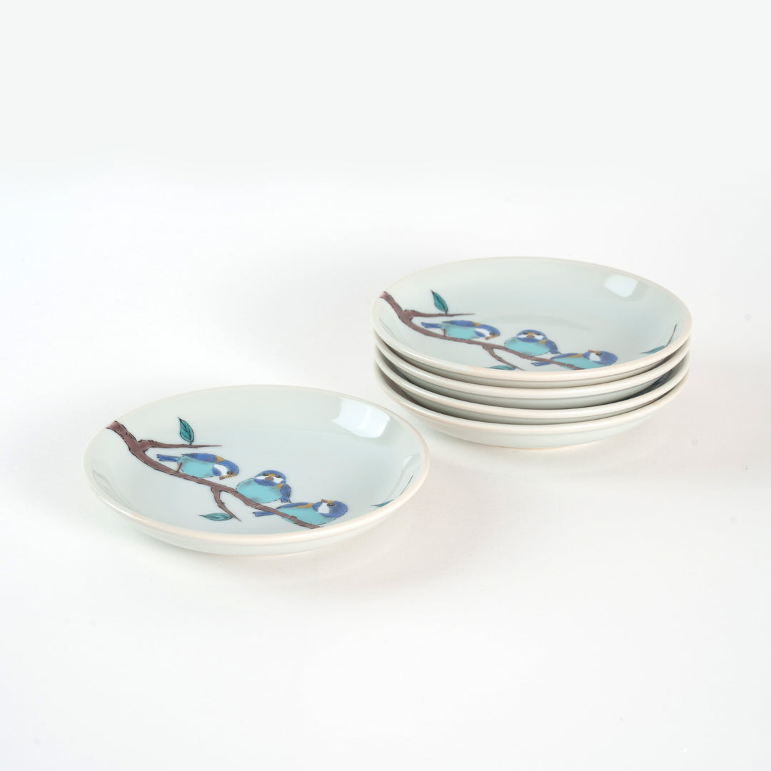 Kutani Ware Seikou Kiln - Set of Five Small Plates with Sparrows - Blue and White Porcelain