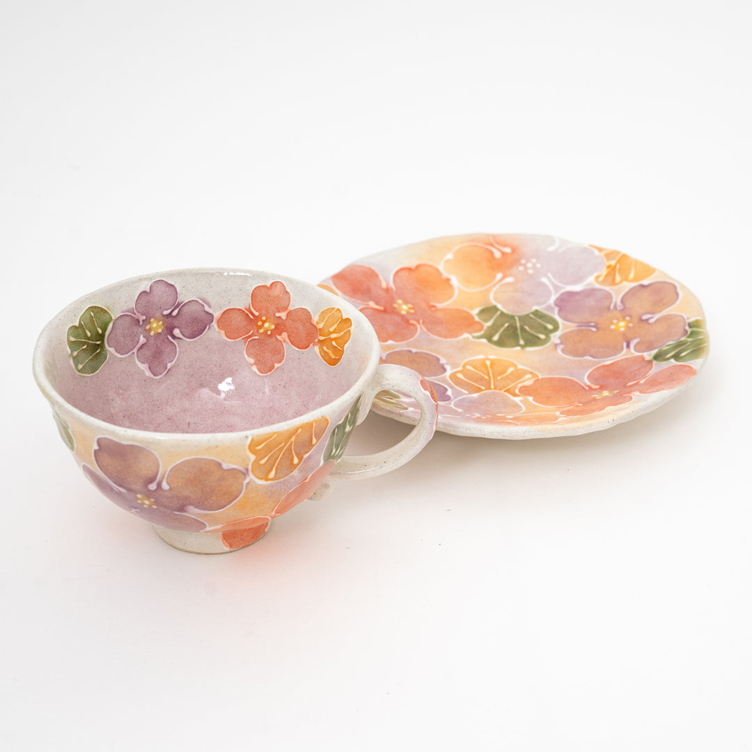 Handcrafted Floral Coffee Cup and Saucer Gift Set | Red