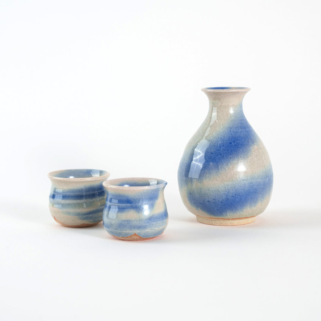 Shigaraki Yaki Handmade Japanese Sake Set - Blue Crackle Glaze 3-Piece Set