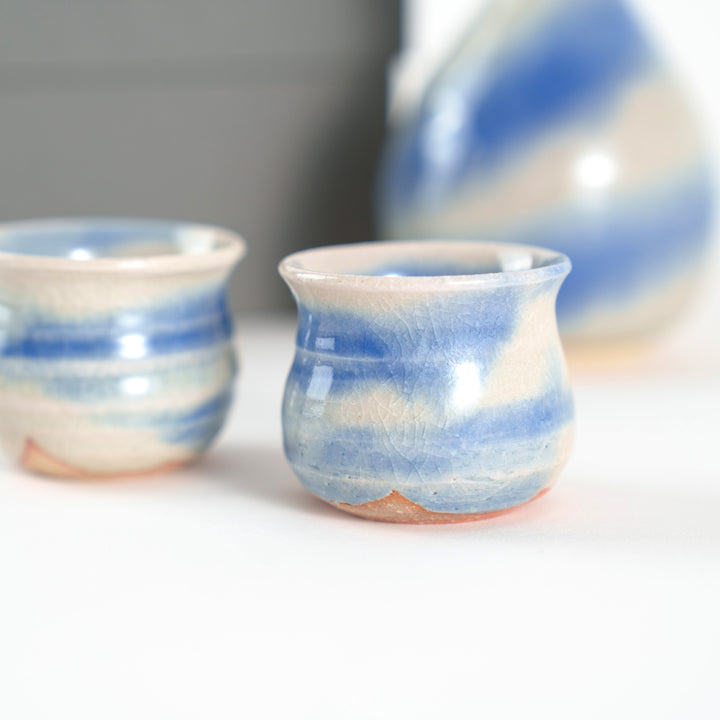 Shigaraki Yaki Handmade Japanese Sake Set - Blue Crackle Glaze 3-Piece Set