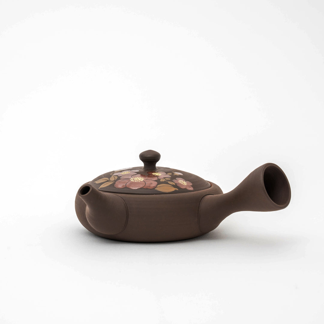 Handmade Tokoname Yaki Camellia Flat-shaped Teapot/Japanese Kyusu - by Gyokko Kiln