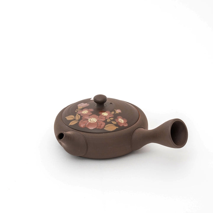 Handmade Tokoname Yaki Camellia Flat-shaped Teapot/Japanese Kyusu - by Gyokko Kiln