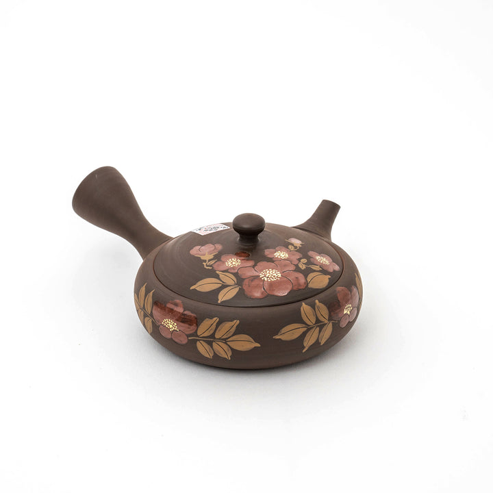 Handmade Tokoname Yaki Camellia Flat-shaped Teapot/Japanese Kyusu - by Gyokko Kiln