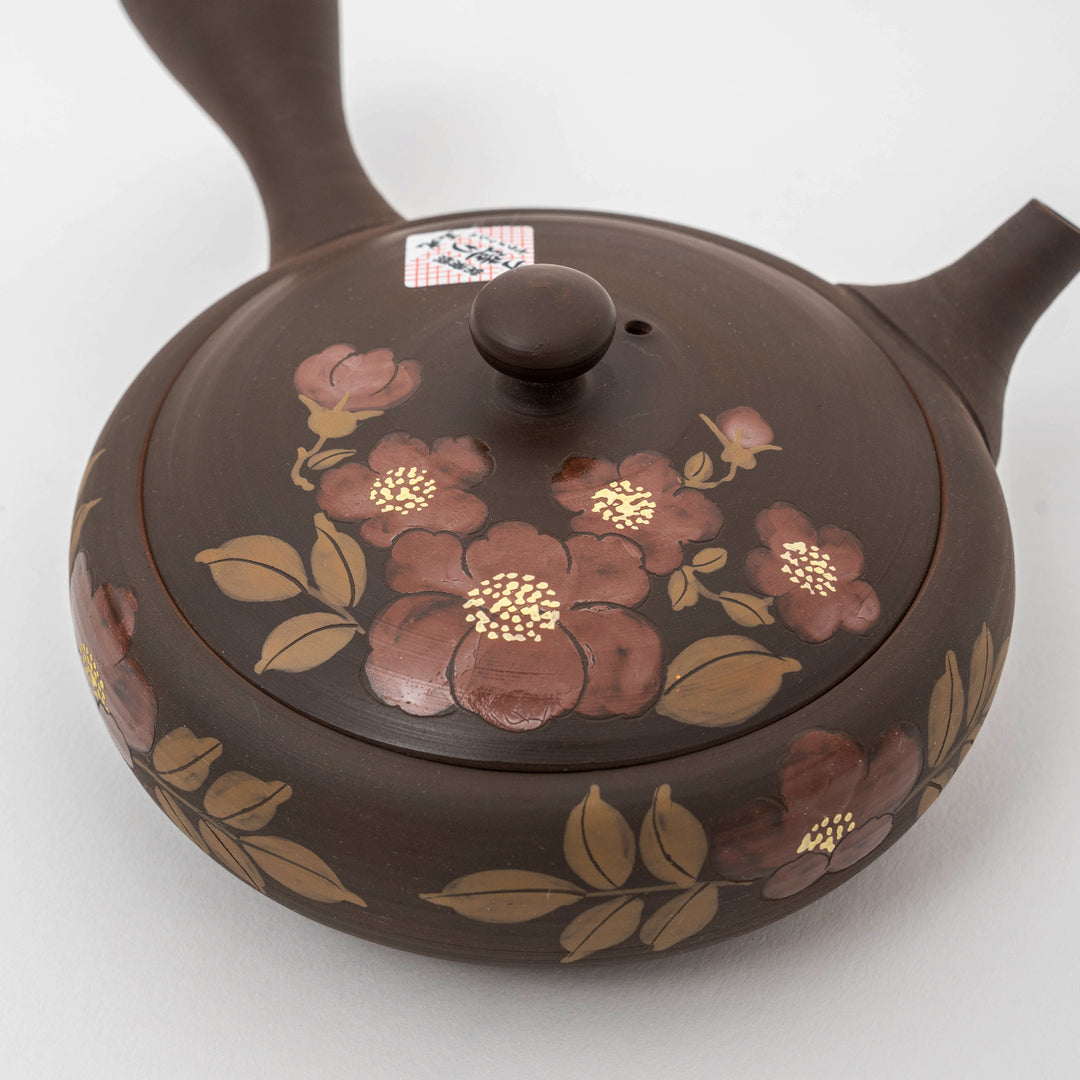 Handmade Tokoname Yaki Camellia Flat-shaped Teapot/Japanese Kyusu - by Gyokko Kiln