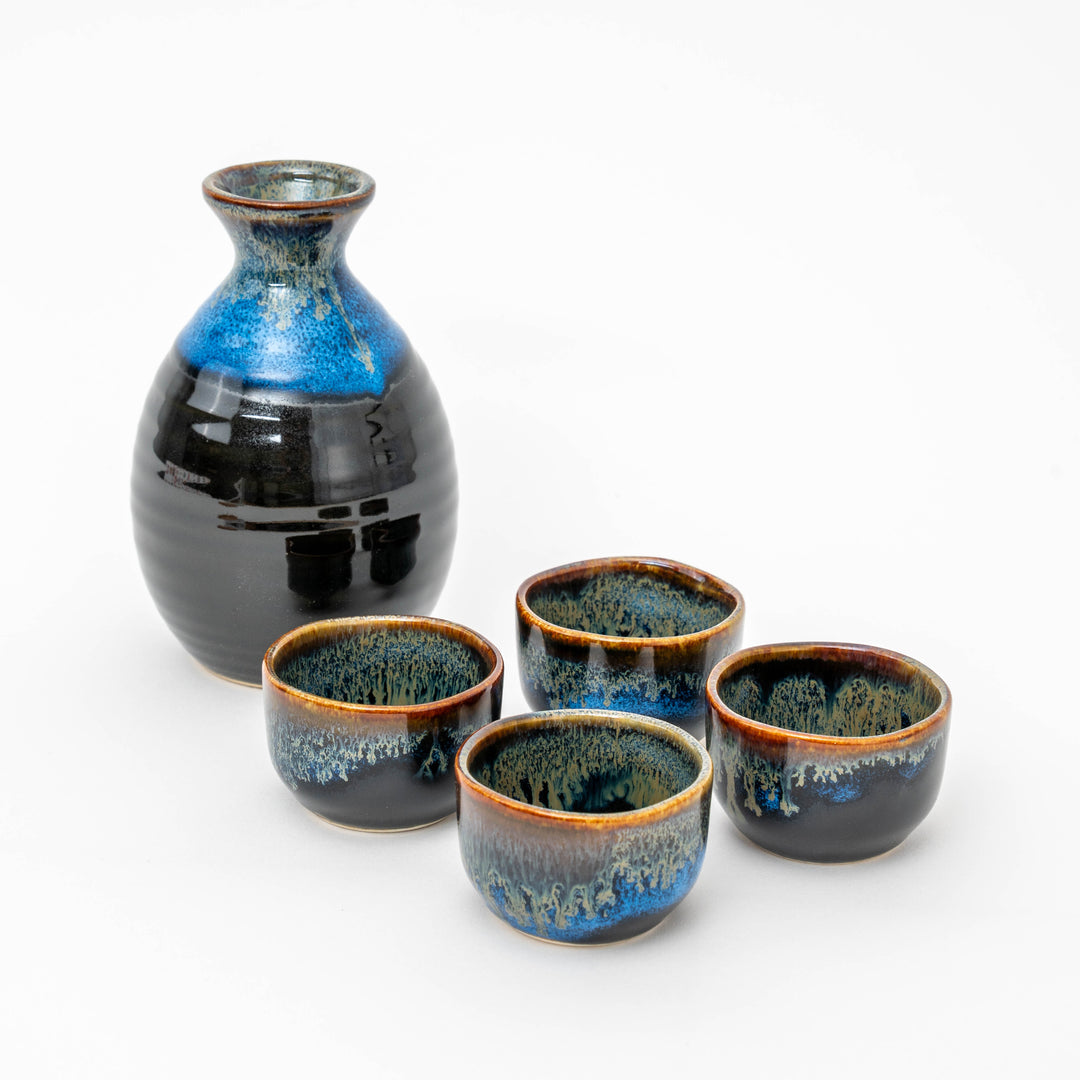 Blue Sake Bottle and cups gift set made in Japan