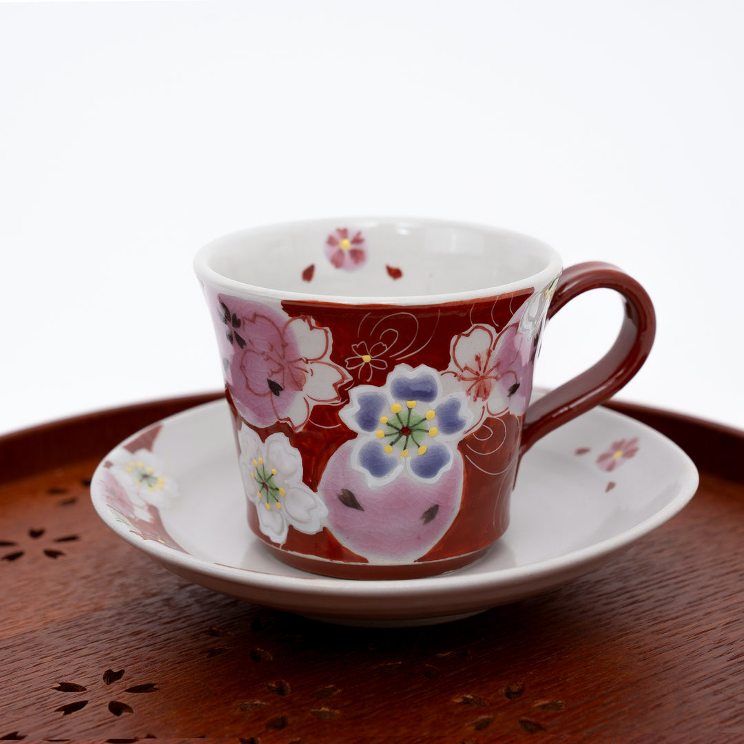 Kutani Ware Cup & Saucer - Yumeyozakura Pink by Kokuzougama 虚空蔵窯