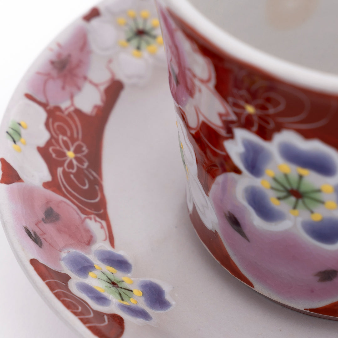 Kutani Ware Cup & Saucer - Yumeyozakura Pink by Kokuzougama 虚空蔵窯