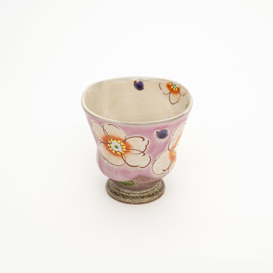 Kutani Ware Hand-Painted Tea Cup/Yunomi Crackle Glazed Pink Floral by Kokuzougama 虚空蔵窯