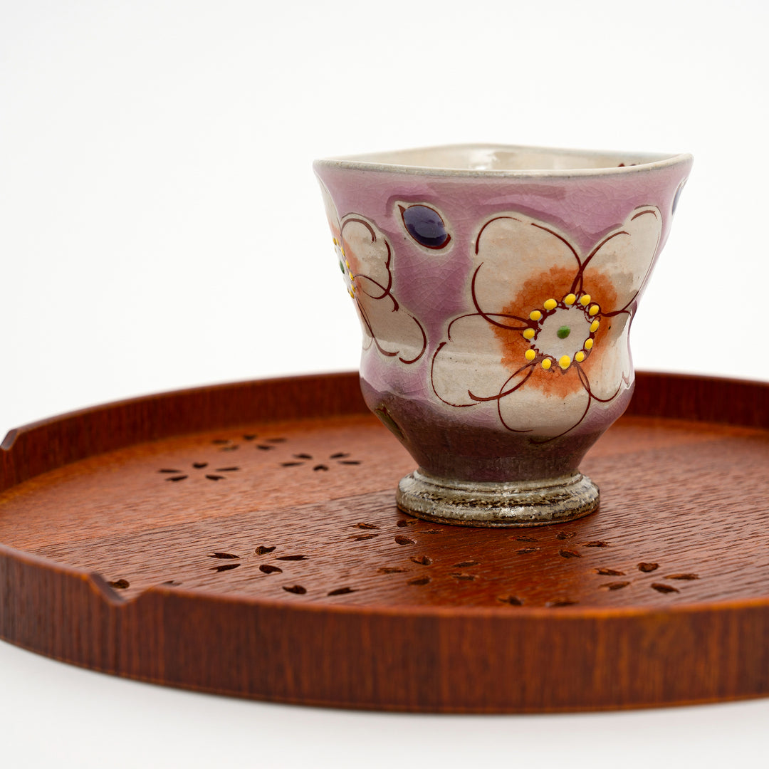 Kutani Ware Hand-Painted Tea Cup/Yunomi Crackle Glazed Pink Floral by Kokuzougama 虚空蔵窯