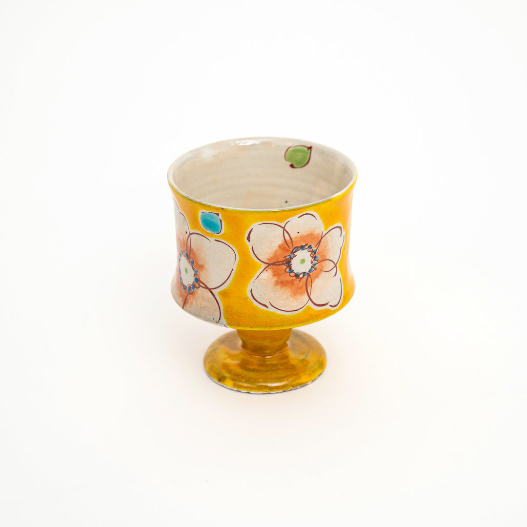 Kutani Ware Hand-Painted Goblet Crackle Glazed Yellow Floral by Kokuzougama 虚空蔵窯