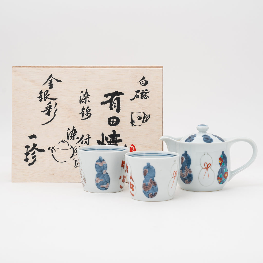 Arita Ware Gourd Teapot & Cups Set with Wooden Box