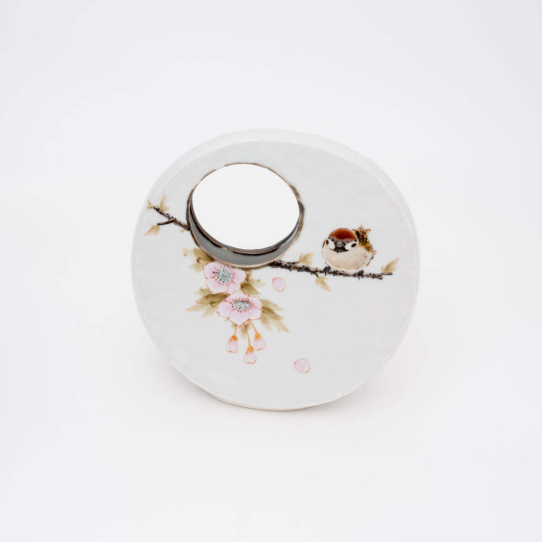 Toshito Nakamura Kutani Ware Cherry Blossom Twin Sparrows Flower Vase