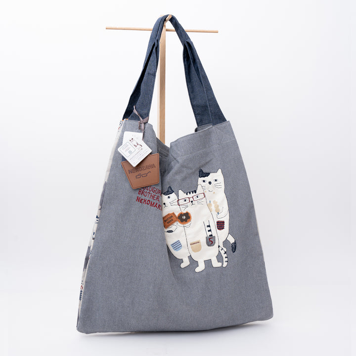 Nekomaruke Cat Embroidered Canvas Tote Bag – Light Gray