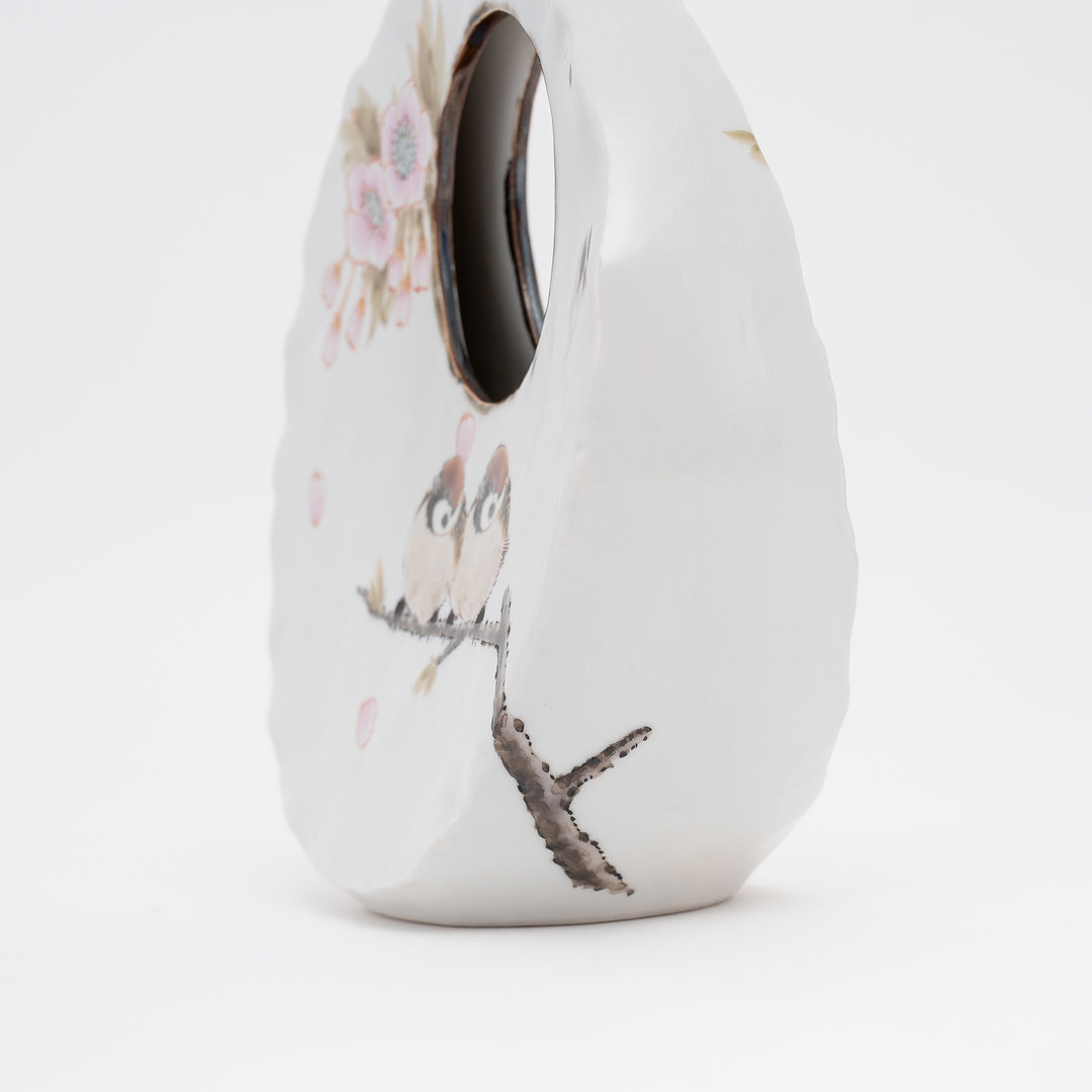 Toshito Nakamura Kutani Ware Cherry Blossom Twin Sparrows Flower Vase