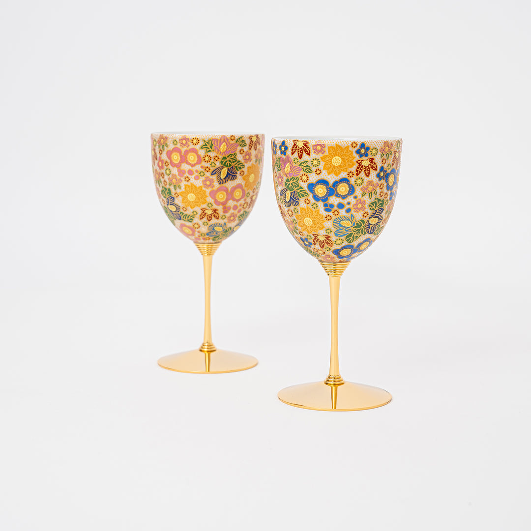 Kutani Ware Hanazume Gold Ceramic Wine Goblet Gift set of 2