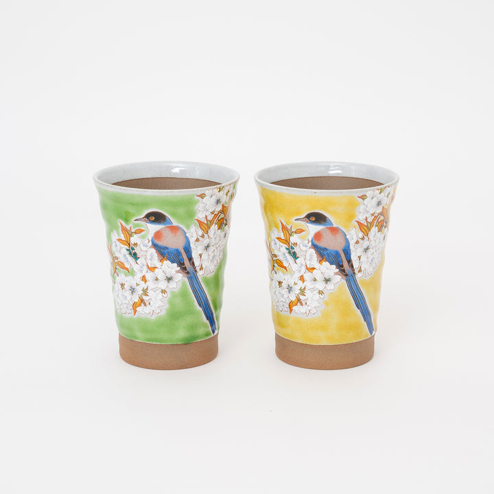 KUTANI WARE HANDMADE YOSHIDAYA SAKURA AND BIRD CUP set of 2