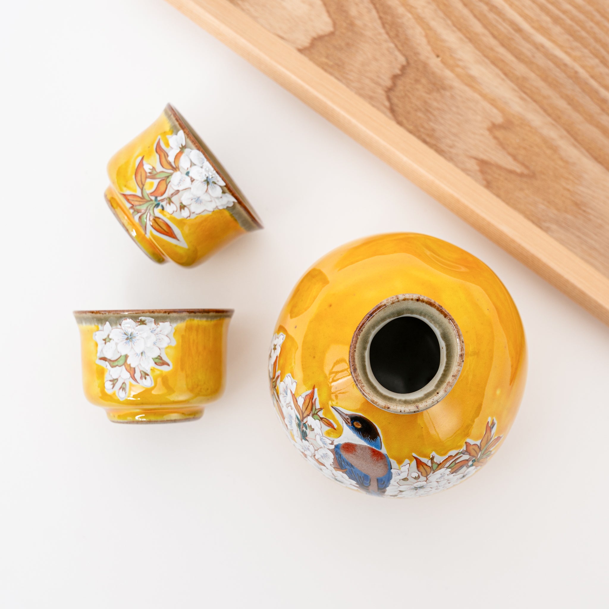 Handcrafted Kutani Ware Sake Set - Cherry Blossom & Bird Gift