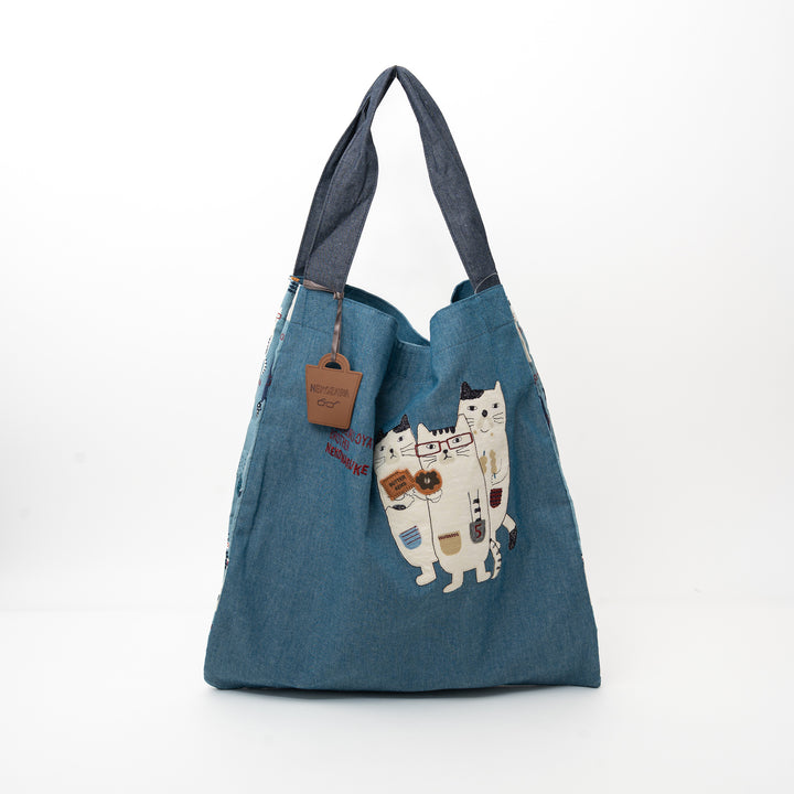 Nekomaruke Cat Embroidered Canvas Tote Bag – Denim Blue