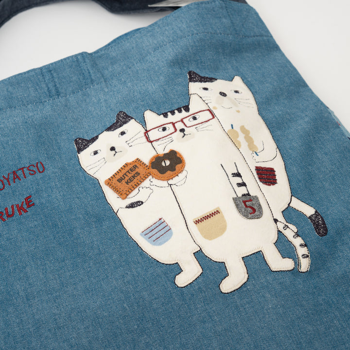 Nekomaruke Cat Embroidered Canvas Tote Bag – Denim Blue