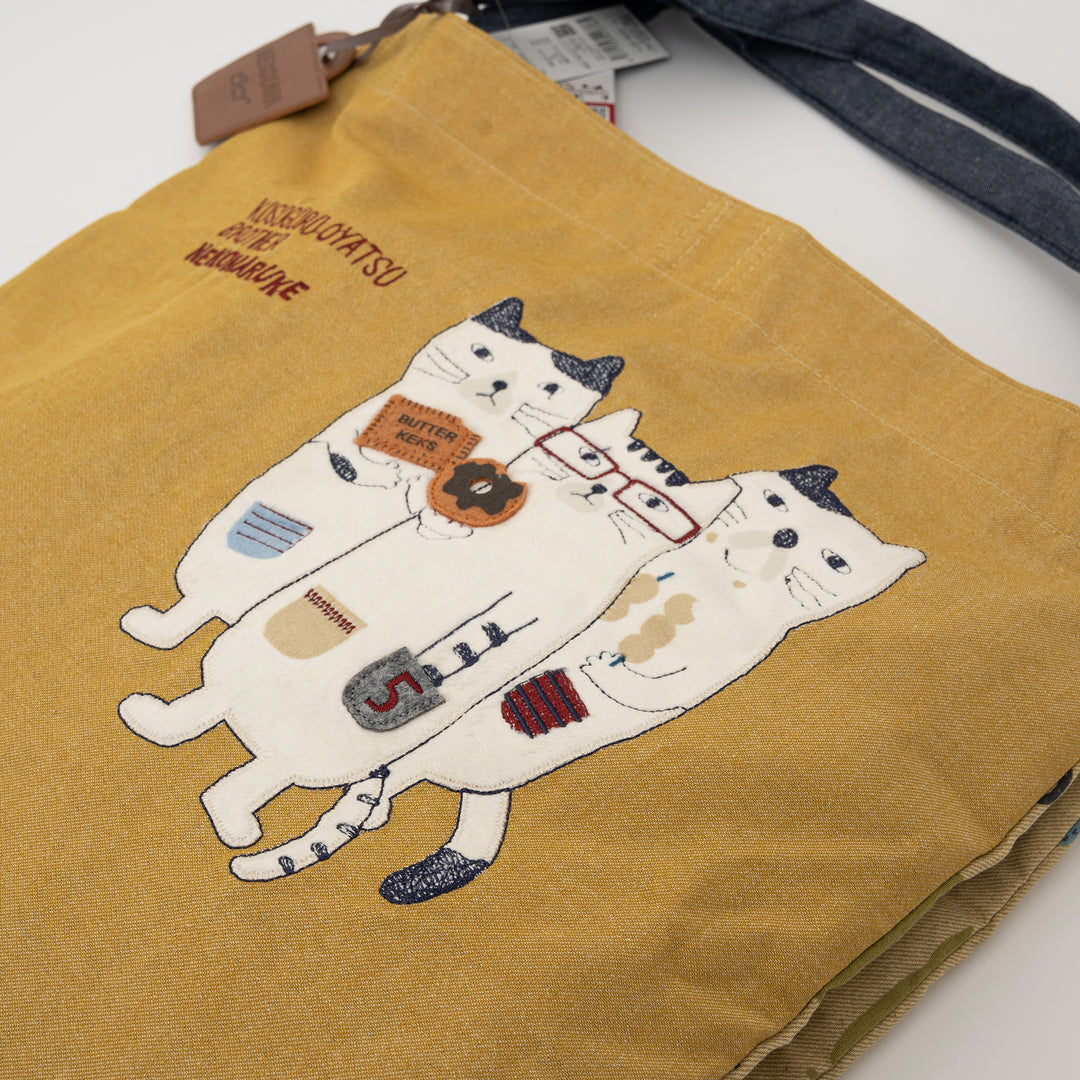 Nekomaruke Cat Embroidered Canvas Tote Bag – Mustard Yellow